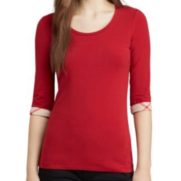 Burberry Tops - Burberry London Red Top XS Nova Check Trim 3/4 Sleeve Designer Shirt Classic